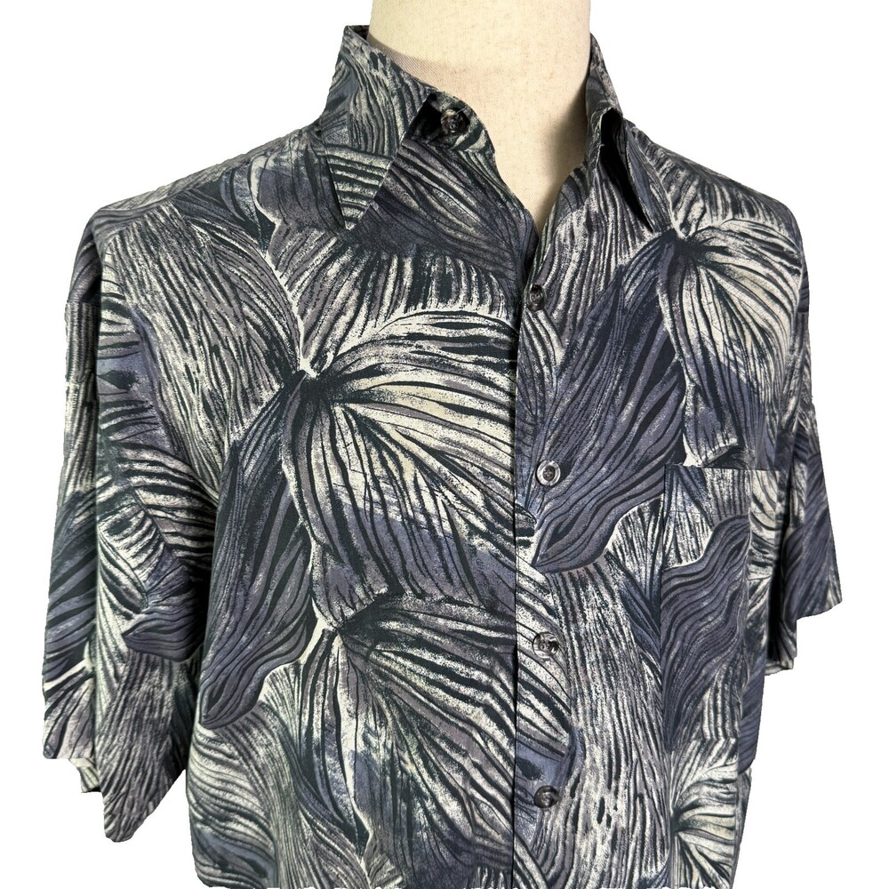 Vintage Bill Blass 100% Silk Hawaiian Shirt Sz L Short Sleeve Tropical Palm Leaf